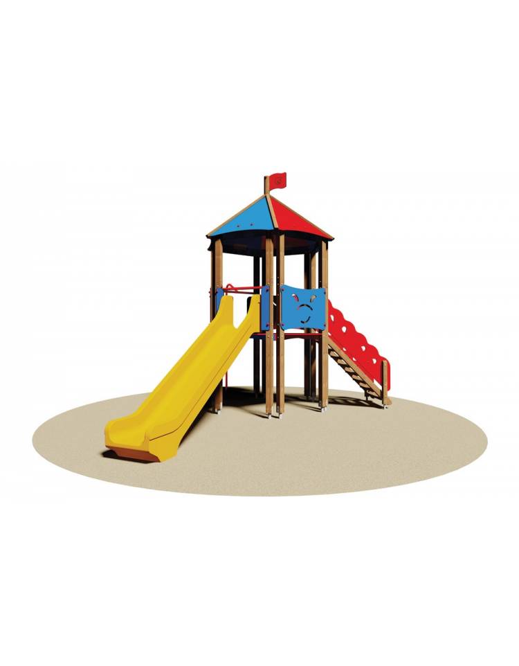 Torretta gioco esagonale in legno per parco giochi con scivolo a tunnel ,  pertica e scala di risalita - cm 500x330x415h - Torret