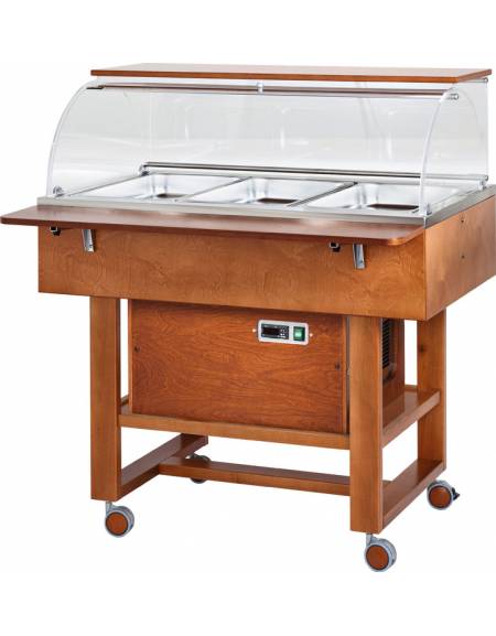 Carrello refrigerato freddo +2°+10°C in legno colore noce - Capacità N° 3 bacinelle GN 1/1 -  cm 111x90x126h