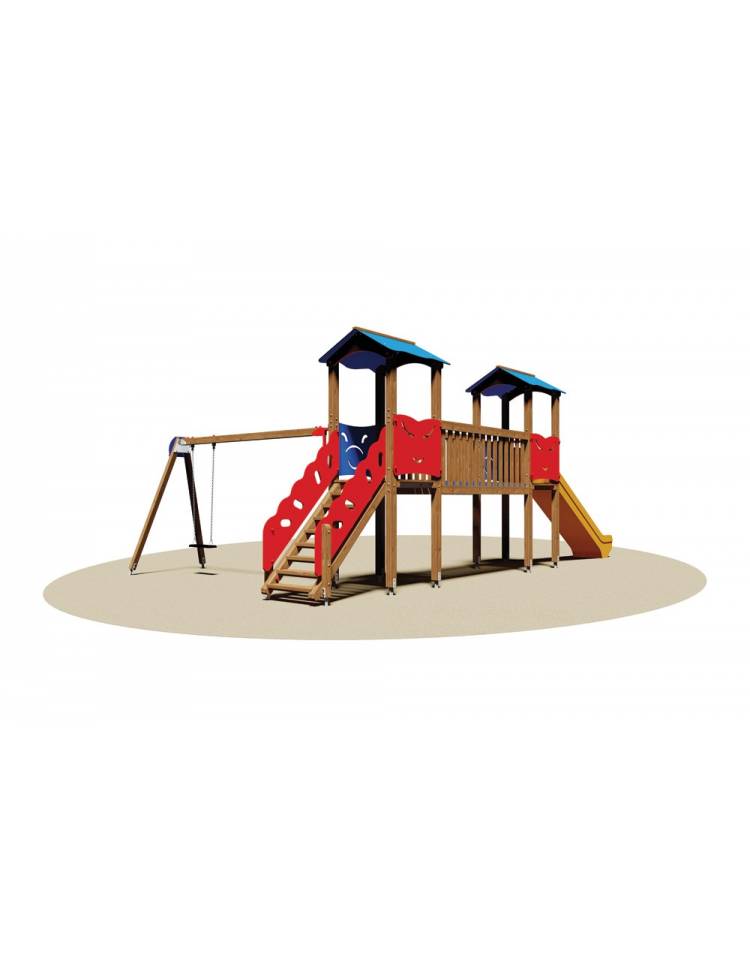 Villaggio gioco in legno per bambini con 2 torrette, 1 altalena con sedile  piano , scivolo in polietilene ed 1 ponte mobile - To