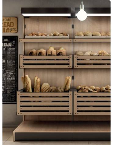 Scaffalatura retrobanco in legno per panetteria panificio con una cesta grande , una cesta media e 2 ripiani - cm 100x55x240h