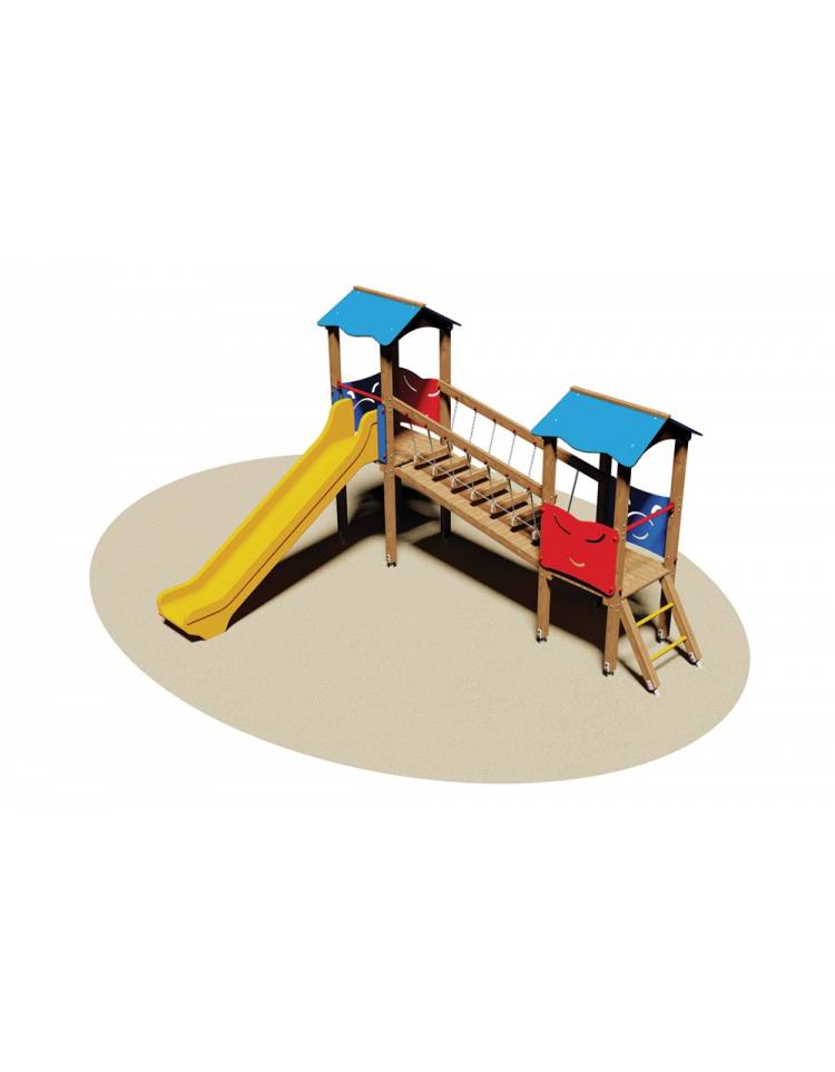 Torretta gioco esagonale in legno per parco giochi con scivolo a tunnel ,  pertica e scala di risalita - cm 500x330x415h - Torret