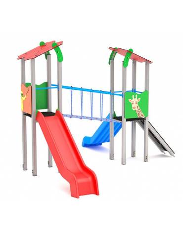 Torre doppia teen con tetto, struttura in alluminio, 2 scivoli in polietilene rotazionale - cm 455x504x337h