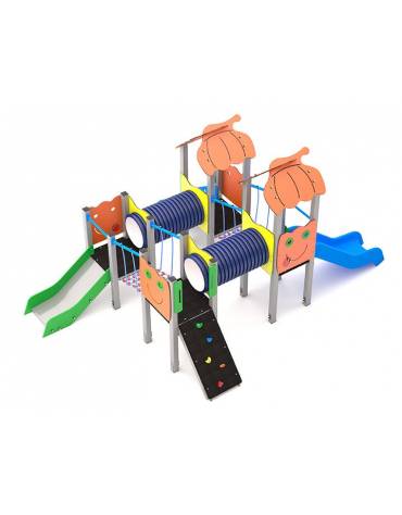 Mnii villaggio con 4 torri (2 con tetto), struttura in alluminio, 1 scivolo in acciaio e 1 in polietilene - cm 400x539x264h
