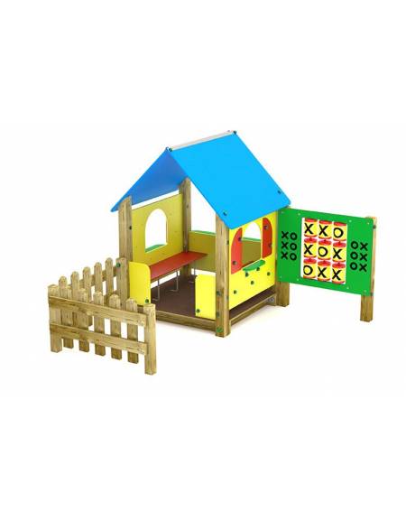 Villino per bambini con pali in legno di pino nordico, pannelli in HDPE e pavimentazione interna in carply - cm 219x228x168h