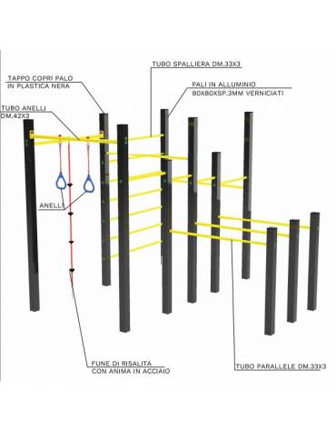 Palestra base costruita con pali alluminio 80x80 mm e tubi in acciaio verniciato a polvere - cm 312x312x241h