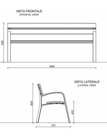 Panchina arredo design per parco -  2 fianchi con bracciolo in ghisa, 5 doghe in legno di pino  - cm 190x63xh77