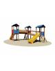 Villaggio parco giochi per bambini in legno con 2 torrette con scivoli in polietilene, un ponte oscillane ed un tunnel
