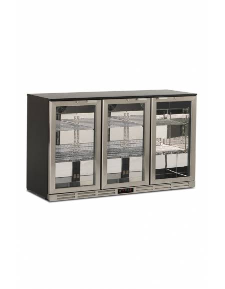 Espositore refrigerato orizzontale 0°/+10°C per bibite 3 porte a battente, cornice ed interno inox AISI 304 - cm 135x53x83,5h