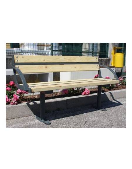 Panchina con schienale e braccioli, seduta in legno di pregio, struttura in acciaio zincato - cm 150x53,1x80,6h
