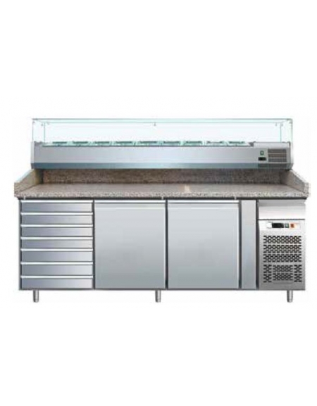 Banco refrigerato pizzeria 2 porte più cassettiera per panetti con sovrastruttura refrigerata GN1/4 - cm 202,5x80x139h
