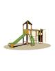 Villaggio in legno per parchi con 2 torrette (1 con tetto) , 1 ponte con arrampicata  ,1 scivolo inox e 2 pertiche