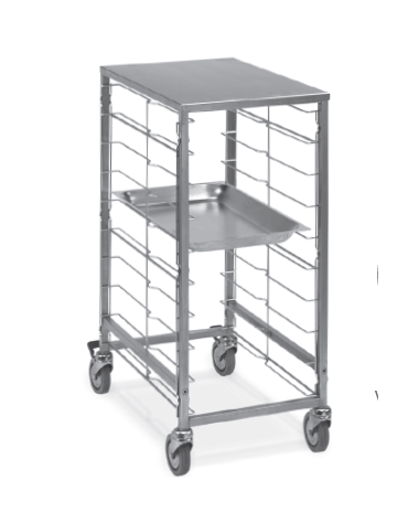 Carrello portateglie guide in filo, traversi imbullonati - Portata 9 teglie 2/1 GN - Piano superiore inox - cm 62x69x87h