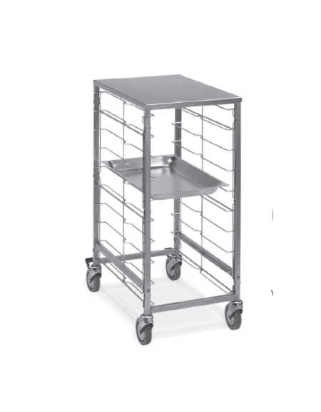 Carrello portateglie guide in filo, traversi imbullonati - Portata 9 teglie 2/1 GN - Piano superiore inox - cm 62x69x87h
