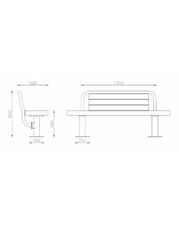 Panchina con schienale e braccioli in acciaio , seduta e schienale con doghe in legno di pino - cm 180x52,7x80,1h