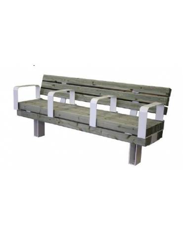 Panchina con schienale e seduta con listoni in legno di pino, 2 braccioli e struttura acciaio - cm 180x54x77x7h