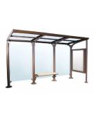 Pensilina bus in acciaio verniciato, tetto in policarbonato alveolare trasparente, parete di fondo in vetro - cm 300,8x181x236,2