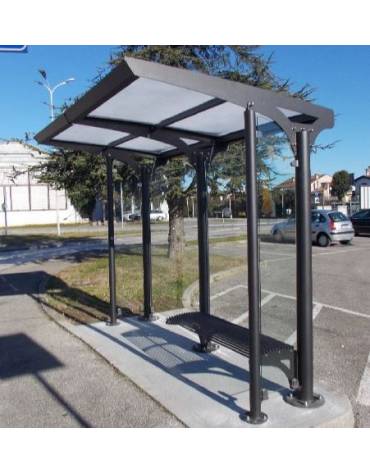 Pensilina bus in acciaio verniciato, tetto in policarbonato alveolare trasparente, parete di fondo in vetro - cm 300,8x181x236,2