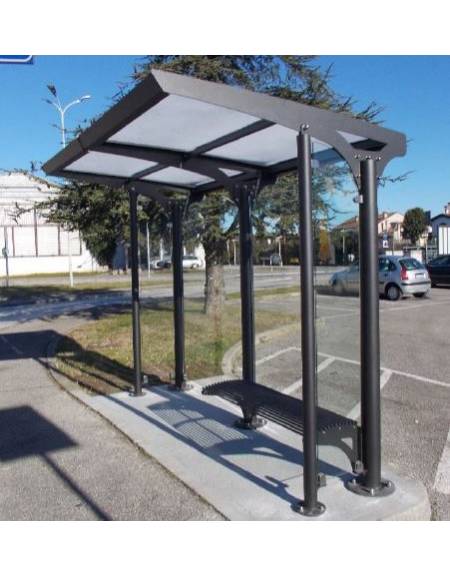 Pensilina bus in acciaio verniciato, tetto in policarbonato alveolare trasparente, parete di fondo in vetro - cm 300,8x181x236,2