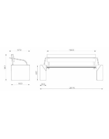 Panchina con schienale, doghe in legno di pregio, struttura in acciaio zincato e verniciato e cemento - cm 207,6x67,2x86h