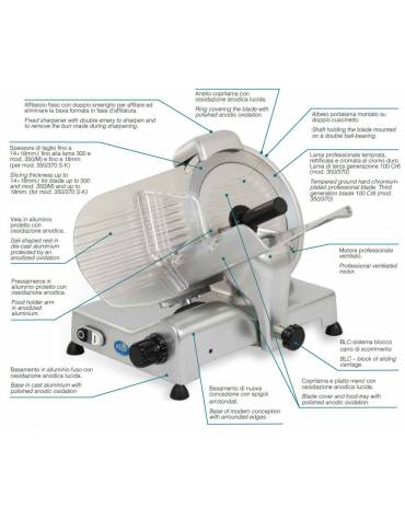 Affettatrice a gravità in alluminio anodizzato, affilatoio fisso - mm 761X594X583h