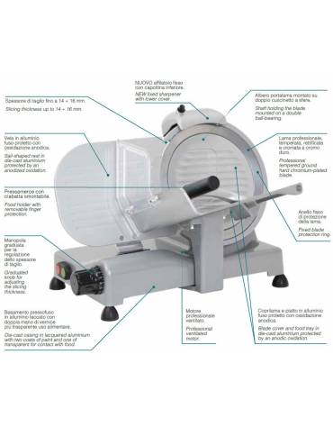 Affettatrice a gravità in alluminio anodizzato, affilatoio fisso - mm 490x580x450h