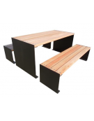 Set composto da tavolo + 2 panchine piane, seduta in legno di pregio, struttura in acciaio - Lunghezza cm 180