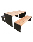 Set composto da tavolo + 2 panchine piane , seduta in legno di pregio, struttura in acciaio - Lunghezza cm 180