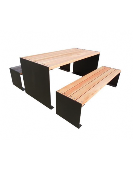 Set composto da tavolo + 2 panchine, schienale e seduta in legno di pino, struttura in acciaio - Lunghezza cm 180