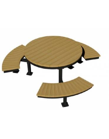 Set composto da un tavolo tondo  e tre panchine piane curve in acciaio con legno di pregio- cm 221,7x221,7x75h