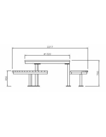 Set composto da un tavolo tondo  e tre panchine piane curve in acciaio con legno di pregio- cm 221,7x221,7x75h