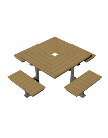 Set composto da un tavolo quadrato e quattro panchine piane in acciaio con legno di pregio- cm 237x237x80h