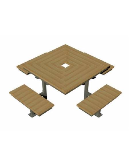 Set composto da un tavolo quadrato e quattro panchine piane in acciaio con legno di pregio- cm 237x237x80h