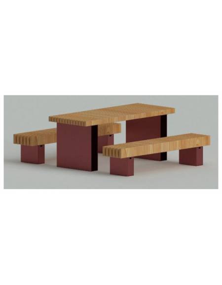 Set composto da tavolo + 2 panchine piane, struttura in acciaio con legno di pregio - Lunghezza cm 200