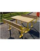 Set composto da tavolo + 2 panchine con schienale, struttura in acciaio e doghe in legno di pino - cm L.150x80,6h