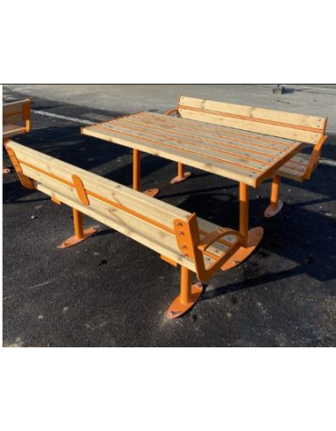 Set composto da tavolo accessibile + 2 panchine senza schienale,in acciaio e doghe in legno di pino - Lunghezza cm 150