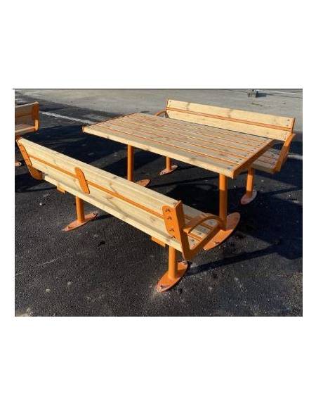 Set composto da tavolo accessibile + 2 panchine con schienale e braccioli, in acciaio e doghe in legno di pino -Lunghezza cm 150