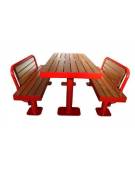 Set composto da tavolo + 2 panchine con schienale, struttura tonda in acciaio, con legno di pregio - Lunghezza 180