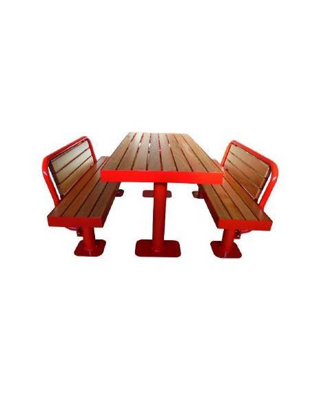 Set composto da tavolo + 2 panchine con schienale, struttura tonda in acciaio, con legno di pregio - Lunghezza 180