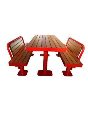 Set composto da tavolo + 2 panchine con schienale, struttura tonda in acciaio, con legno di pino - Lunghezza 180