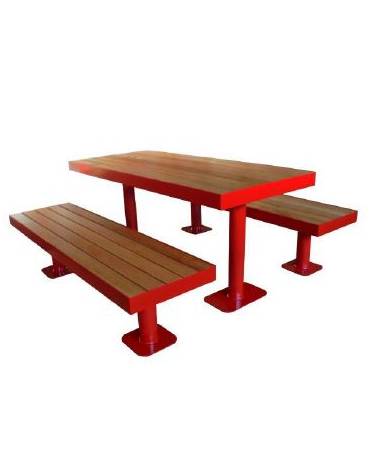 Set composto da tavolo + 2 panchine senza schienale, struttura tonda in acciaio, con legno di pregio - Lunghezza 180