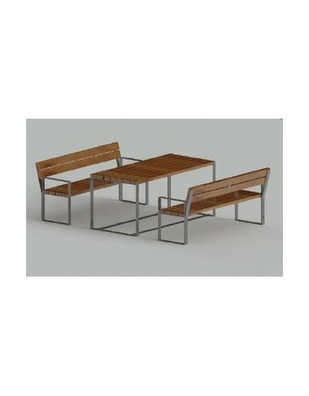 Set composto da tavolo + 2 panchine con schienale, struttura piatta in acciaio, con legno di pregio - Lunghezza 180