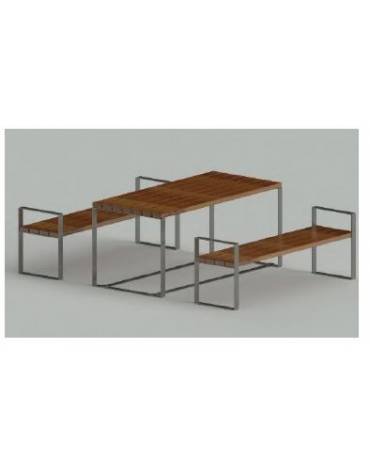 Set composto da tavolo + 2 panchine senza schienale, struttura piatta in acciaio, con legno di pregio - cm 180x80h