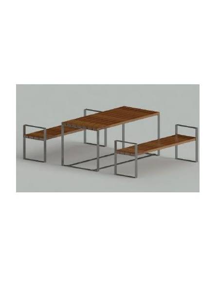 Set composto da tavolo + 2 panchine senza schienale, struttura piatta in acciaio, con legno di pregio - Lunghezza 180
