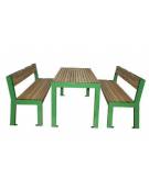 Set composto da tavolo + 2 panchine con schienale, struttura acciaio ,seduta e piano in legno di pregio - Lunghezza cm 180
