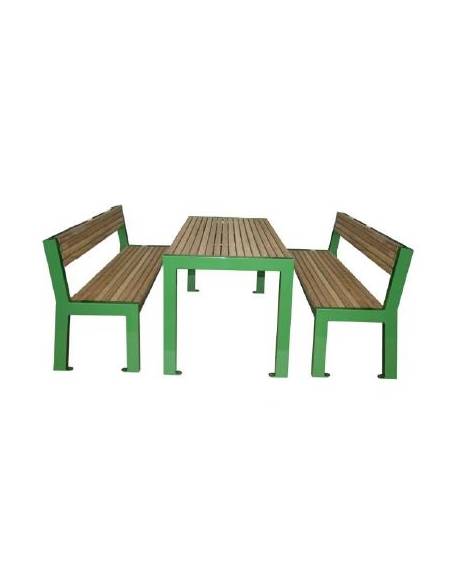 Set composto da tavolo + 2 panchine con schienale, struttura acciaio ,seduta e piano in legno di pregio - Lunghezza cm 180