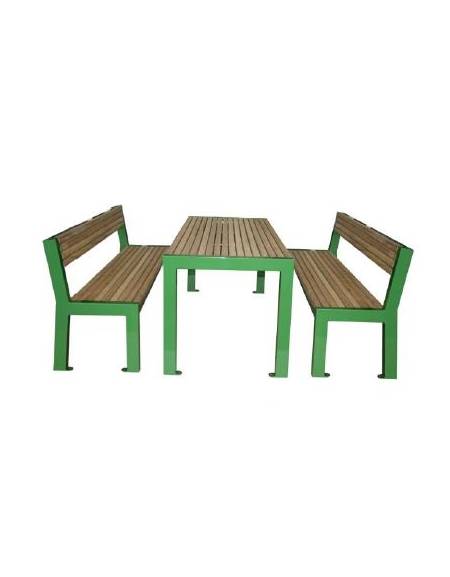 Set composto da tavolo + 2 panchine con schienale, struttura acciaio ,seduta e piano in legno di pino - cm 180x85,4h