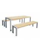 Set composto da tavolo + 2 panchine senza schienale, struttura acciaio ,seduta e piano in legno di pregio -cm 180x85,4h
