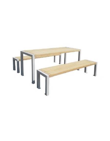Set composto da tavolo + 2 panchine senza schienale, struttura acciaio ,seduta e piano in legno di pregio -cm 180x85,4h