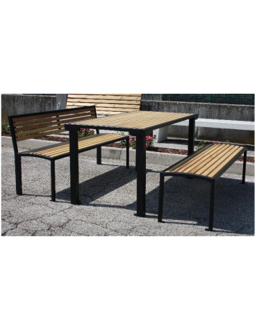Set composto da tavolo + 2 panchine con schienale, struttura in acciaio quadro, con legno di pregio -cm 180x237x85,4h