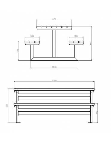 Set composto da tavolo + 2 panchine senza schienale, struttura unica in acciaio con legno di pino - cm 200x196,8x88,4h